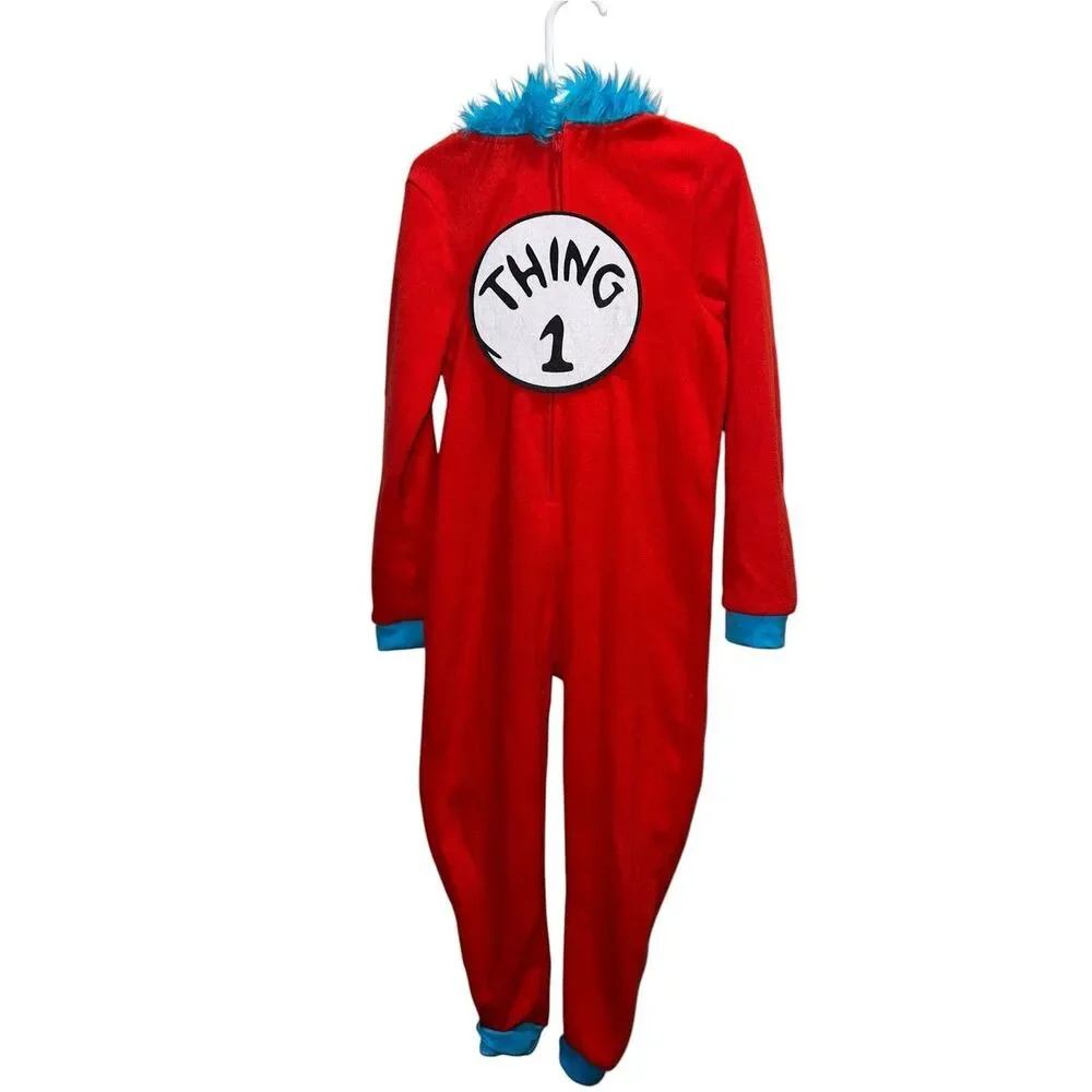 Dr. Seuss Thing 1 Kids Hooded Costume One Piece Plush Fleece Pajamas Red Blue
